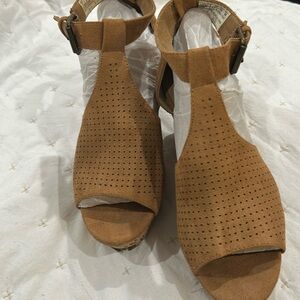 Skechers Tan Perforated Suede Wedge Sandals